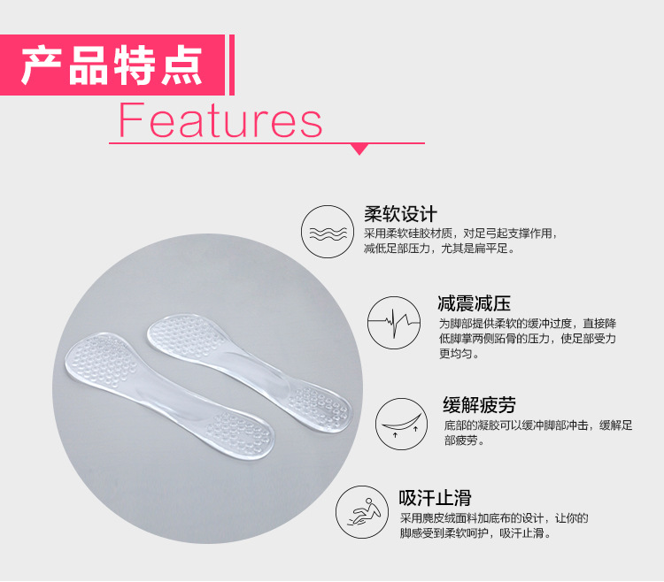 PU鞋墊，硅膠鞋墊驕正腳形、緩解疲功、減震減壓功能解說采用柔軟硅膠材質(zhì)，對足弓起支撐作用，減低足底壓力，特別是扁平足。