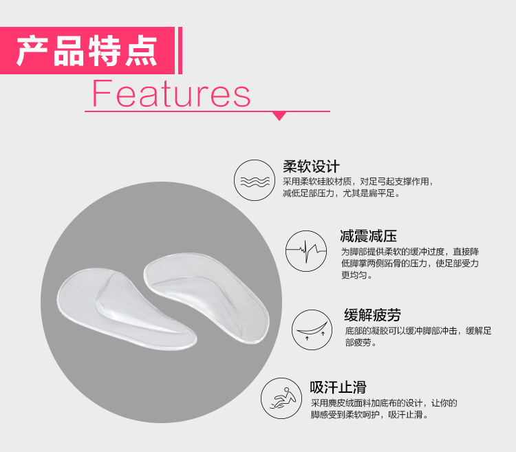 PU鞋墊，硅膠鞋墊驕正腳形、緩解疲功、減震減壓功能解說采用柔軟硅膠材質(zhì)，對足弓起支撐作用，減低足底壓力，特別是扁平足。
